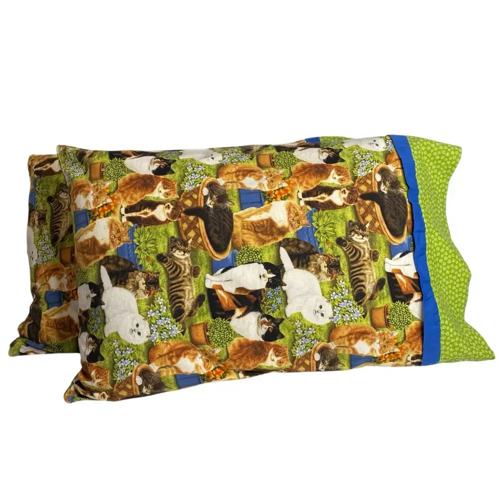 Handmade Cat Pillowcase Green Persian Tiger Tuxedo 19x29 S/Q Lot of 2 Farmhouse